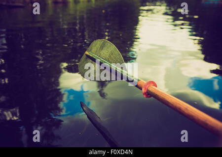 Vintage photo of beautiful Krutynia river landscape photographed from kayak. Photo with vintage mood effect Stock Photo