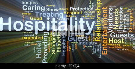 Background concept wordcloud illustration of hospitality glowing light Stock Photo