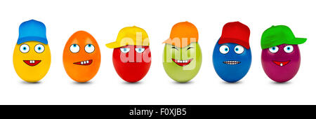 row of funny easter eggs on white background Stock Photo