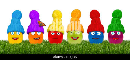 row of funny easter eggs on white background Stock Photo