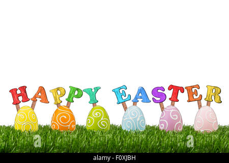 happy easter lettering with easter eggs Stock Photo