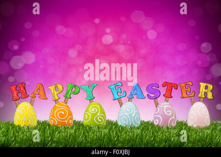 happy easter lettering with easter eggs Stock Photo