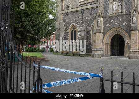 High Wycombe, Buckinghamshire, UK. 23rd Aug, 2015. A murder investigation launched after a man believed to be in his twenties was stabbed in Church Square, High Wycombe in Buckinghamshire. Police were called to the All Saints Church at 20:50BST on Satrurday 22nd August 2015. Credit:  Peter Manning/Alamy Live News Stock Photo