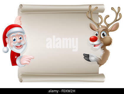 Cartoon Christmas scroll sign of Santa Claus and his reindeer pointing at a scroll banner Stock Photo