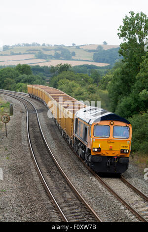 GBRf class 66 diesel locomotive pulling freight train at Knightcote, Warwickshire, UK Stock Photo