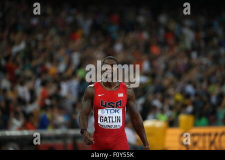 Beijing, China. 23rd Aug, 2015. Justin Gatlin reacts after the men's 100m final at the 2015 IAAF World Championships in Beijing, capital of China, on Aug. 23, 2015. Credit:  Xinhua/Alamy Live News Stock Photo