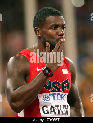 Beijing, China. 23rd Aug, 2015. Justin Gatlin of the USA prepares for the Men's 100 M Final at the 15th International Association of Athletics Federations (IAAF) Athletics World Championships in Beijing, China, 23 August 2015. Photo: Christian Charisius/dpa/Alamy Live News Stock Photo