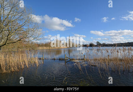 Salisbury Cathedral and flooded meadow following extreme winter storms in the winter of 2014 Stock Photo