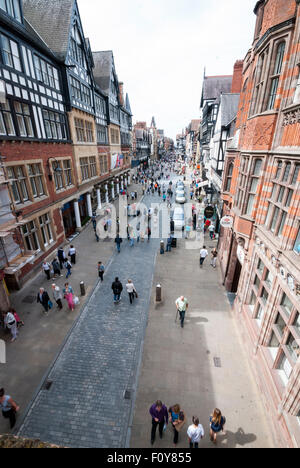 The unique building style of the Chester Rows from the Eastgate street bridge in Chester, Cheshire UK Stock Photo