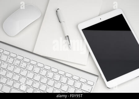 Digital tablet keyboard, notebook, pen top view Stock Photo