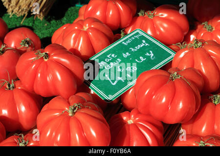 Large tomatoes on market stall in Place St Aubin, Guerande, Loire Atlantique, France Stock Photo