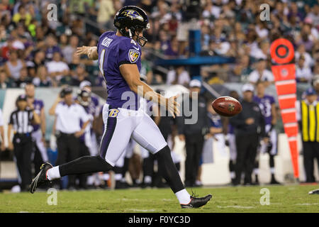 Baltimore Ravens punter Sam Koch gives a little shout out on the