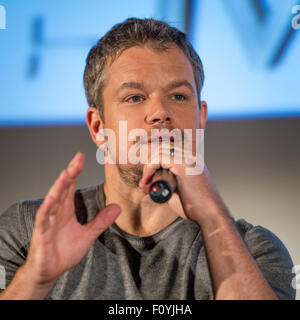 Actor Matt Damon participate in a question and answer session August 18, 2015 in La Ca–ada Flintridge, California.  Damon stars as Astronaut Mark Watney in the film 'The Martian' and visited with NASA scientists and engineers who served as technical consultants on the film. Stock Photo