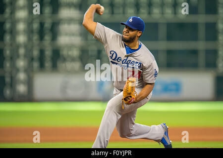 Houston, TX, USA. 23rd Aug, 2015. Los Angeles Dodgers relief pitcher Kenley Jansen (74) pitches during the 9th inning of a Major League Baseball game between the Houston Astros and the Los Angeles Dodgers at Minute Maid Park in Houston, TX. Trask Smith/CSM/Alamy Live News Stock Photo