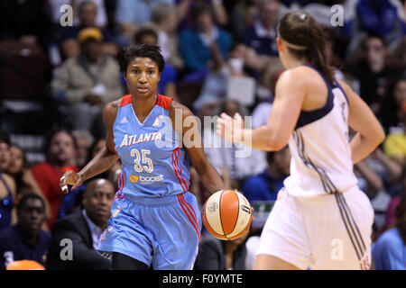 August 23, 2015; Uncasville, CT, USA; Atlanta Dream forward-guard Angel McCoughtry (35) with the ball during the first half of the WNBA basketball game between the Connecticut Sun and Atlanta Dream at Mohegan Sun Arena. Atlanta defeated Connecticut 102-92. Anthony Nesmith/Cal Sport Media Stock Photo