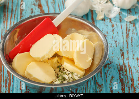 compound butter ingredients herb coriander garlic lemon fresh green onion homemade italian food tasty Stock Photo