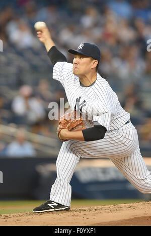 the Bronx, New York, USA. 21st Aug, 2015. Masahiro Tanaka (Yankees), AUGUST 21, 2015 - MLB : Masahiro Tanaka of the New York Yankees pitches during the Major League Baseball game against the Cleveland Indians at Yankee Stadium in the Bronx, New York, United States. © AFLO/Alamy Live News Stock Photo