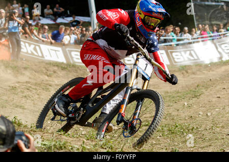 Val Di Sole, Italy - 22 August 2015: Specialized Racing Team rider GWIN Aaron, in action during the mens elite Downhill final Stock Photo