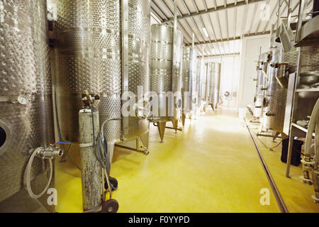 Stainless steel wine vats in a row inside the winery. Equipment of winemaker with steel barrels for fermentation. Stock Photo