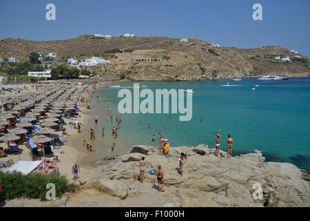 Bathers on Super Paradise Beach, Mykonos, Cyclades, Greece Stock Photo