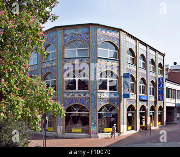 Commercial building with Oriental facade decorations, Lünen, Ruhr district, North Rhine-Westphalia, Germany Stock Photo