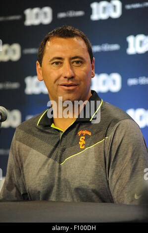 Burbank, CA. 30th July, 2015. USC Trojans head coach Steve Sarkisian participates in the Annual PAC-12 Media Day, at the Warner Bros. movie studios, in the City of Burbank, California on July 30, 2015. (Absolute Complete Photographer & Company Credit: Jose Marin/MarinMedia.org/Cal Sport Media (Network Television please contact your Sales Representative for Television usage. © csm/Alamy Live News Stock Photo