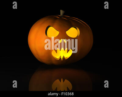 A Halloween pumpkin, or Jack O'Lantern, on a black reflective surface. Stock Photo