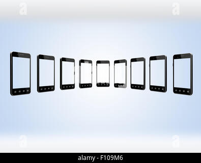 transparent smart-phones in row on the light blue gradient background Stock Photo