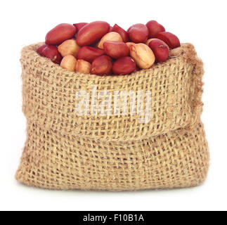 Fresh Peanuts in sack over white background Stock Photo