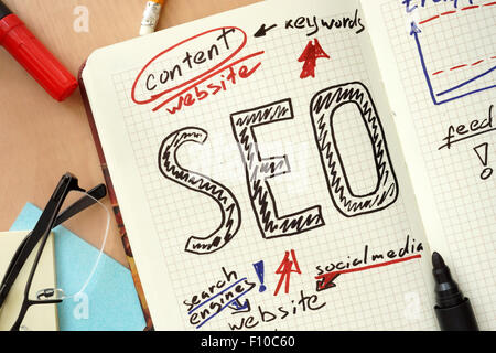 Notepad with word seo concept and glasses Stock Photo