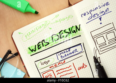 Notepad with word web design concept and glasses Stock Photo