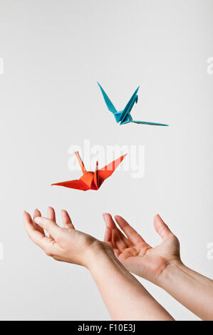 open female hands and origami bird flying away, imagination and creativity concept Stock Photo