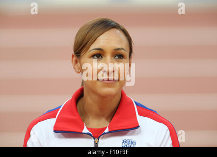 Beijing, China. 24th Aug, 2015. Britain's Jessica Ennis-Hill celebrates on the podium after winning the gold medal in the women's Heptathlon event during the Beijing 2015 IAAF World Championships at the National Stadium, also known as Bird's Nest, in Beijing, China, 24 August 2015. Credit:  dpa picture alliance/Alamy Live News Stock Photo