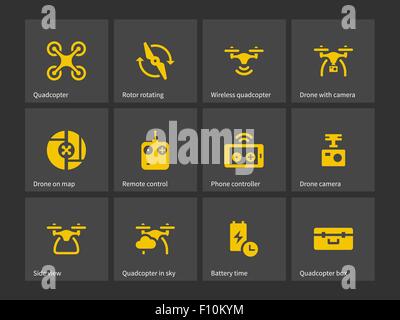 Quadrotor with remote control icons. Stock Vector