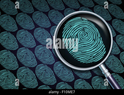 Identity search concept or choosing the right employee as a recruitment and human resource symbol with a magnifying glass in a close up of a finger print or fingerprint as a security information technology metaphor. Stock Photo