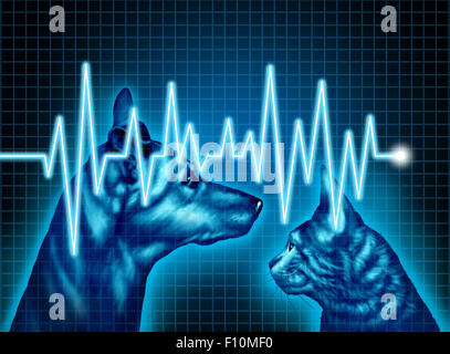 Pet health care and medical insurance for pets concept as an illustration of a dog and cat with an ecg or ekg monitor lifeline as a veterinary symbol and veterinarian doctor services. Stock Photo