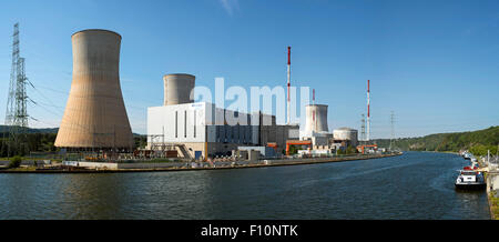 Cooling towers of the Tihange Nuclear Power Station along the Meuse River at Huy / Hoei, Liège / Luik, Belgium Stock Photo