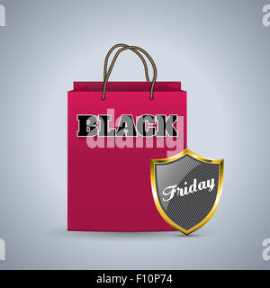 Black friday advertising background design with pink shopping bag and black shield badge Stock Photo