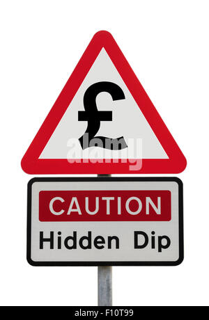 Triangular hazard sign warning Caution Hidden Dip with £ pound symbol to illustrate financial future recession after Brexit concept England UK Britain Stock Photo