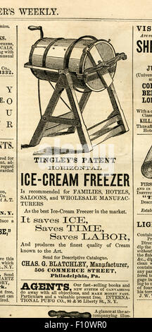 Antique 1872 engraving from Harper's Weekly, advertisement for Tingley's Patent Horizontal Ice Cream Freezer, manufactured by Charles G. Blatchley of Philadelphia, PA. Stock Photo