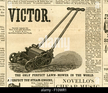 Antique 1872 engraving from Harper's Weekly, advertisement for The Victor lawn mowers by The Arbeiter Lawn Mower Company of Hartford, CT. Stock Photo