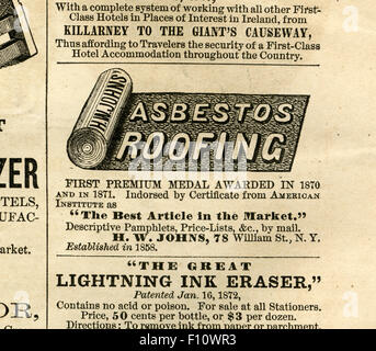 Antique 1872 engraving from Harper's Weekly, advertisement for H.W. John's Asbestos Roofing. Stock Photo