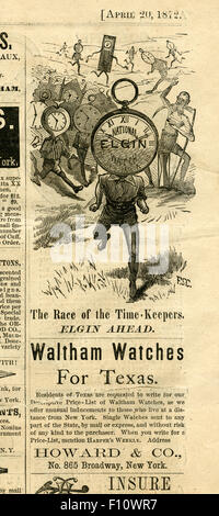 Antique 1872 engraving from Harper's Weekly, advertisement for Elgin pocket watches, with a solicitation for Waltham Watch buyers in Texas by dealer Howard & Co in New York. Stock Photo