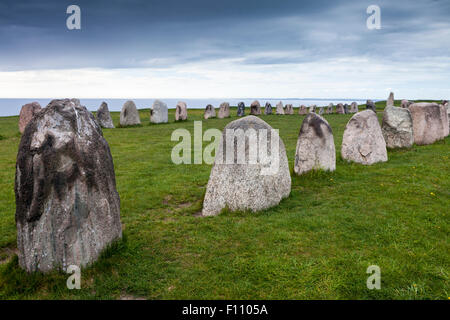 Ales Stenar (Ale's Stones) megalithic circle above the Baltic Sea on the coast near Kaseberga in Skane, southern Sweden Stock Photo