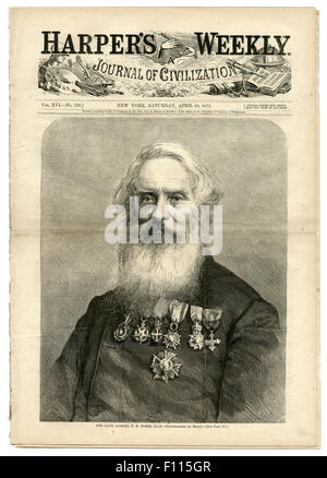 Antique April 20, 1872 edition of Harper's Weekly, showing a large engraving of The Late Samuel F.B. Morse, from the photograph by Matthew Brady. Samuel Finley Breese Morse (1791-1872) contributed to the invention of a single-wire telegraph system based on European telegraphs. He was a co-developer of the Morse code, and helped to develop the commercial use of telegraphy. Stock Photo