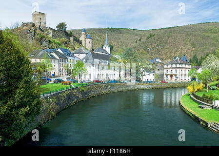 The small village of Esch-sur-Sure on the banks of the Sure River in The Ardennes in Luxembourg Stock Photo