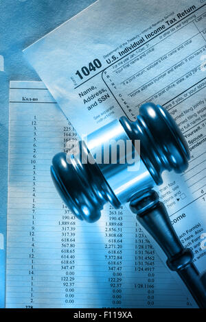 Annual budget, tax form and judge's gavel Stock Photo