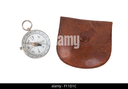 Old compass with etui, isolated on white Stock Photo