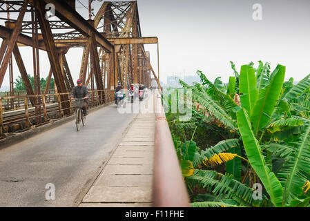 Hanoi Long Bien bridge, view of early morning traffic on the landmark Long Bien Bridge Hanoi, Vietnam. Stock Photo