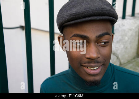 Close up of face of curious Black man Stock Photo